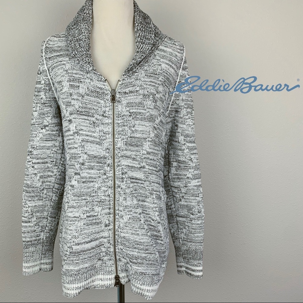 Eddie Bauer Womens Marled Gray Black Shawl Collar Zip Cardigan Sweater‎ M 9646